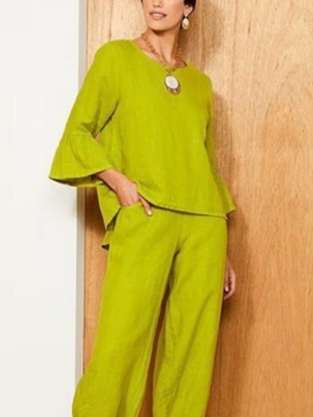 🆕️ Bryn Walker Linen Fran Ruffle Sleeve Pleated Back Top and Pants Set